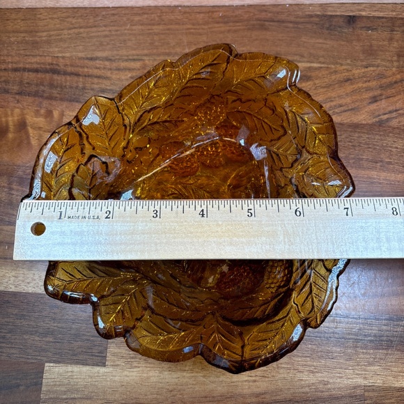 Amber Candy Trinket Dish Logan Berry Pattern Tidbit Bowl Glass Vintage 7” x 2” - Picture 7 of 7